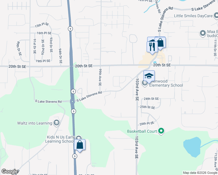 map of restaurants, bars, coffee shops, grocery stores, and more near 9929 South Lake Stevens Road in Lake Stevens