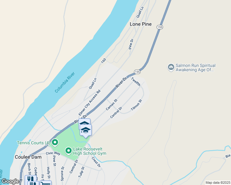 map of restaurants, bars, coffee shops, grocery stores, and more near 1109 River Drive in Coulee Dam