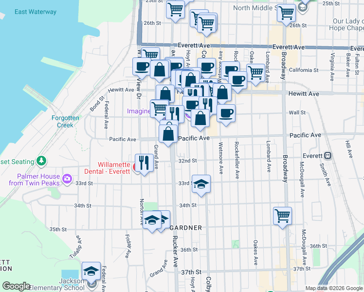 map of restaurants, bars, coffee shops, grocery stores, and more near 3102 Hoyt Avenue in Everett