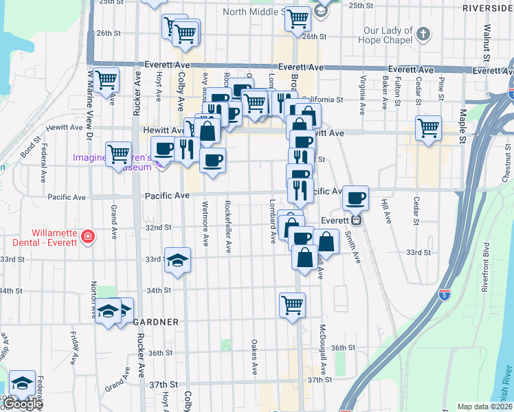 map of restaurants, bars, coffee shops, grocery stores, and more near 3114 Lombard Avenue in Everett