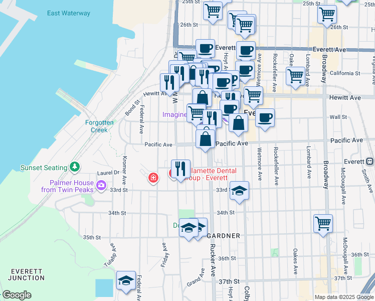 map of restaurants, bars, coffee shops, grocery stores, and more near 3107 Norton Avenue in Everett