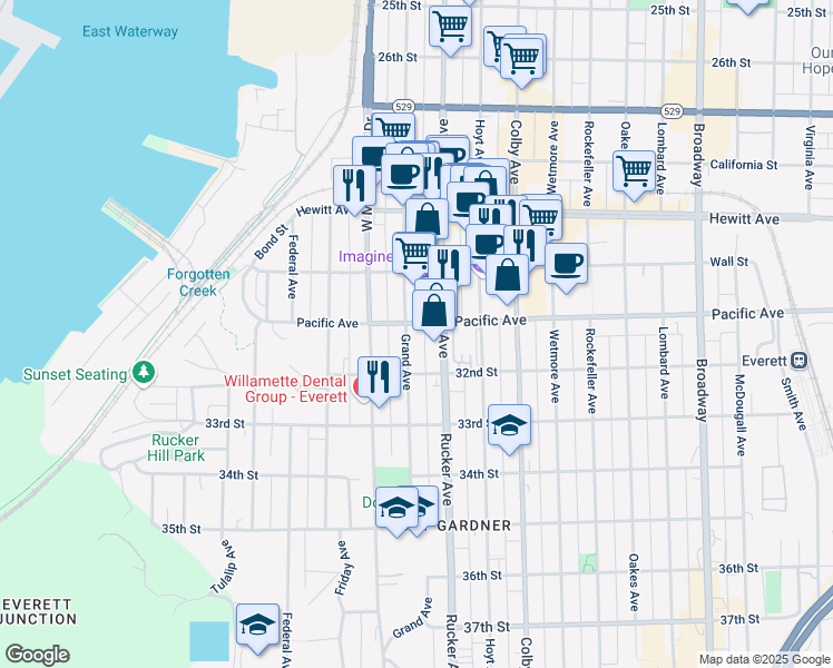 map of restaurants, bars, coffee shops, grocery stores, and more near 1310 Pacific Avenue in Everett
