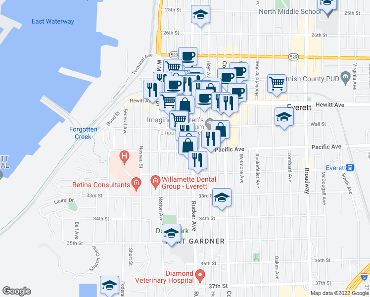 map of restaurants, bars, coffee shops, grocery stores, and more near 1310 Pacific Avenue in Everett