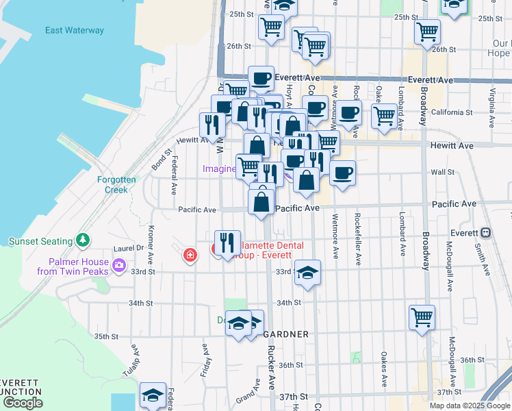 map of restaurants, bars, coffee shops, grocery stores, and more near 1315 Pacific Avenue in Everett