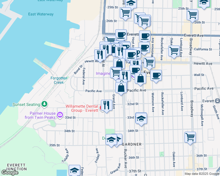 map of restaurants, bars, coffee shops, grocery stores, and more near 3107 Norton Avenue in Everett