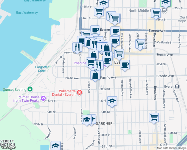 map of restaurants, bars, coffee shops, grocery stores, and more near 1315 Pacific Avenue in Everett
