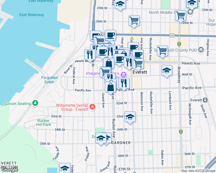 map of restaurants, bars, coffee shops, grocery stores, and more near 3011 Grand Avenue in Everett
