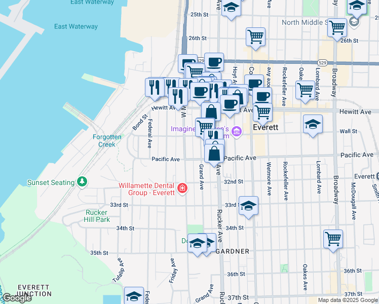 map of restaurants, bars, coffee shops, grocery stores, and more near 3025 West Marine View Drive in Everett