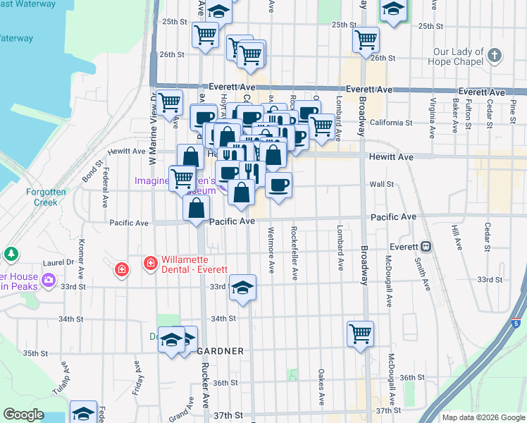 map of restaurants, bars, coffee shops, grocery stores, and more near 3028 Wetmore Avenue in Everett