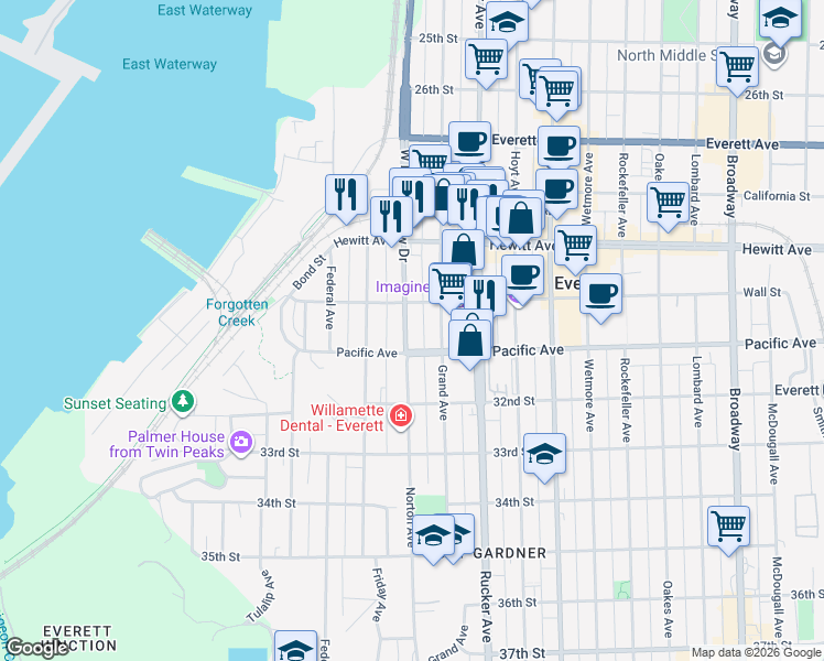 map of restaurants, bars, coffee shops, grocery stores, and more near 3017 West Marine View Drive in Everett