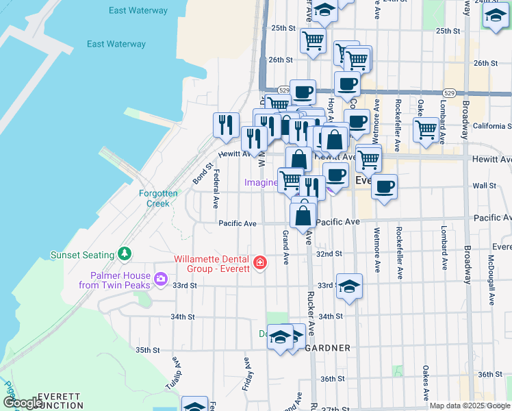map of restaurants, bars, coffee shops, grocery stores, and more near 1204 Wall Street in Everett