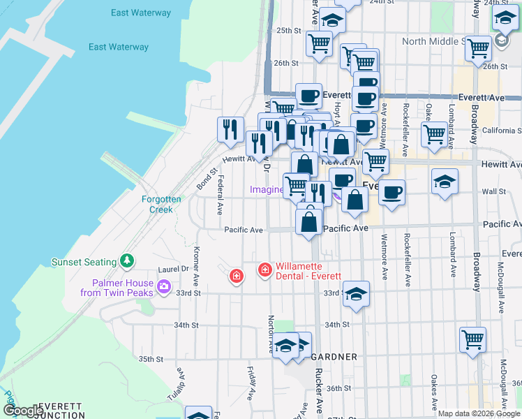 map of restaurants, bars, coffee shops, grocery stores, and more near 1204 Wall Street in Everett