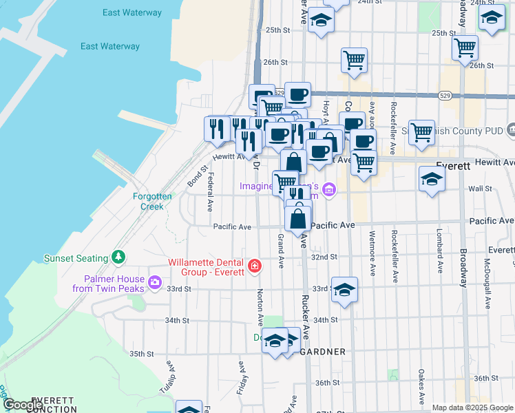 map of restaurants, bars, coffee shops, grocery stores, and more near 3010 West Marine View Drive in Everett