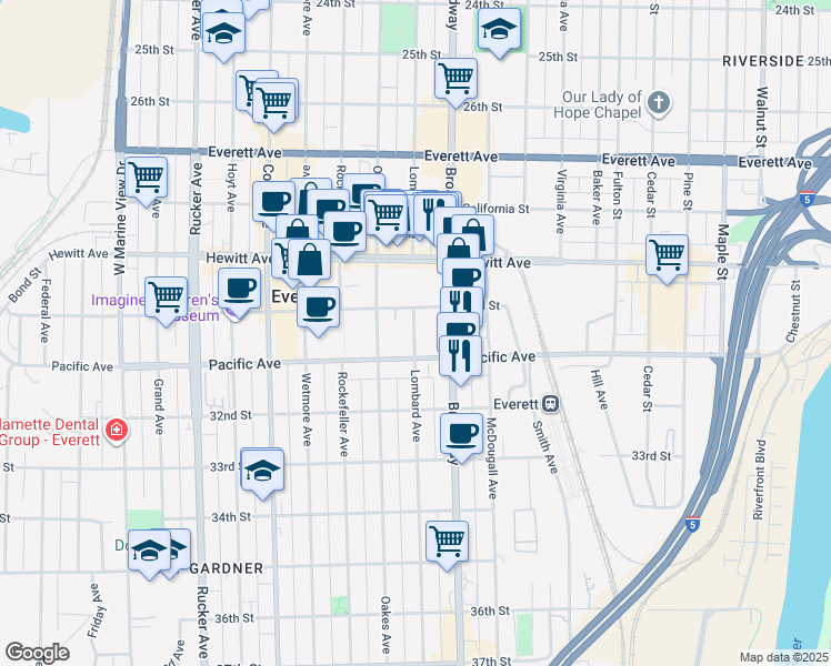 map of restaurants, bars, coffee shops, grocery stores, and more near 1918 Wall St in Everett