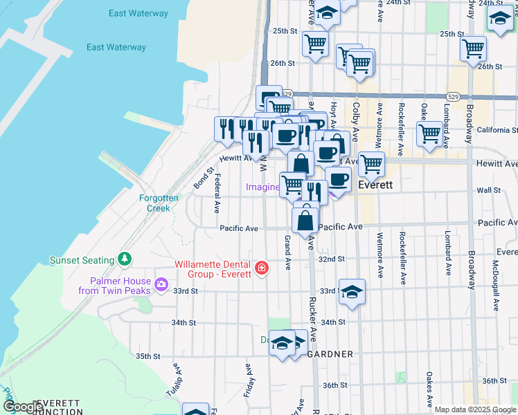 map of restaurants, bars, coffee shops, grocery stores, and more near 1204 Wall Street in Everett