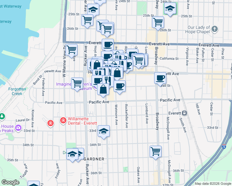 map of restaurants, bars, coffee shops, grocery stores, and more near 3028 Wetmore Avenue in Everett