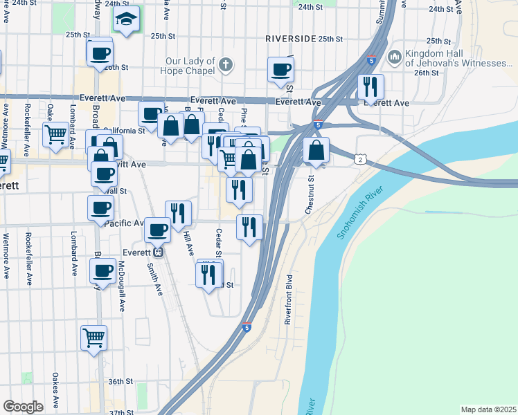 map of restaurants, bars, coffee shops, grocery stores, and more near 2946 Maple Street in Everett