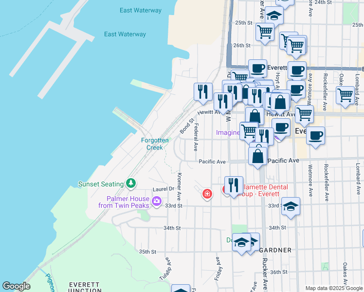 map of restaurants, bars, coffee shops, grocery stores, and more near 3006 Gedney Street in Everett
