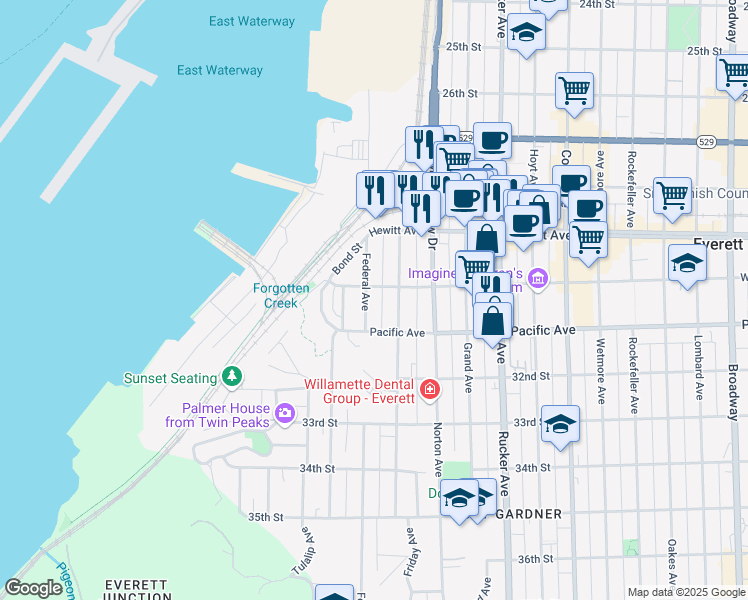map of restaurants, bars, coffee shops, grocery stores, and more near 3007 Federal Avenue in Everett