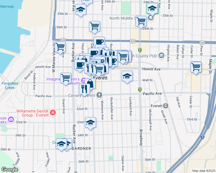 map of restaurants, bars, coffee shops, grocery stores, and more near 3000 Rockefeller Avenue in Everett
