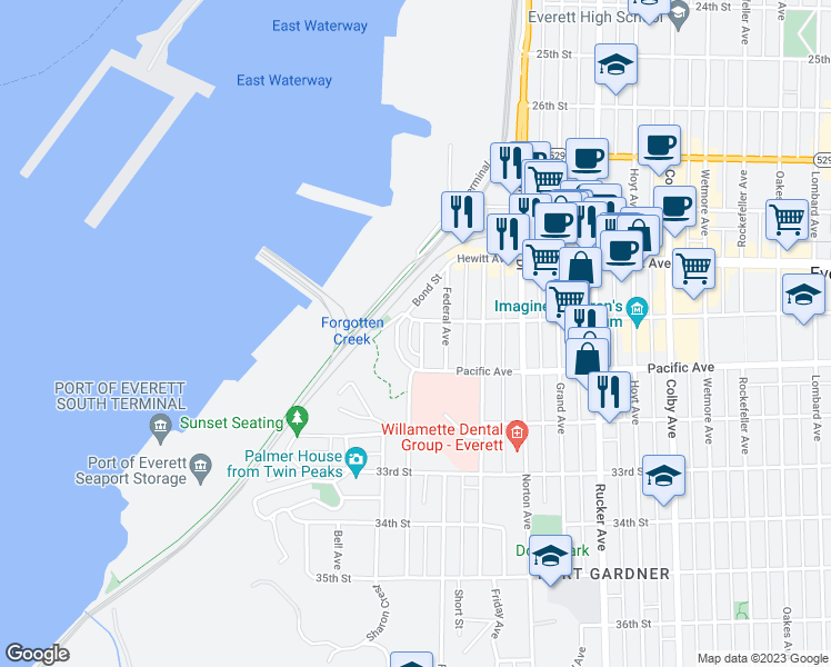 map of restaurants, bars, coffee shops, grocery stores, and more near 3006 Gedney Street in Everett