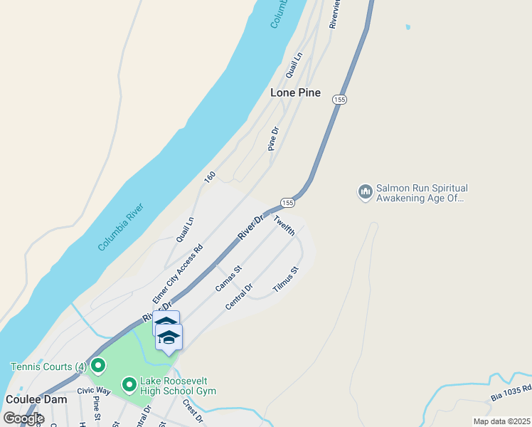 map of restaurants, bars, coffee shops, grocery stores, and more near 1201 River Drive in Coulee Dam