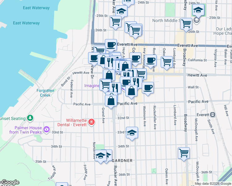 map of restaurants, bars, coffee shops, grocery stores, and more near 3001 Rucker Avenue in Everett