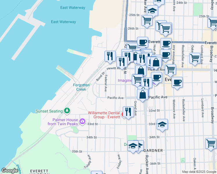 map of restaurants, bars, coffee shops, grocery stores, and more near 3007 Federal Avenue in Everett