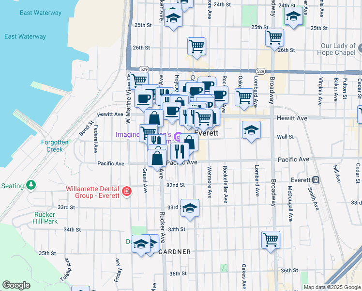 map of restaurants, bars, coffee shops, grocery stores, and more near 1502 Wall Street in Everett