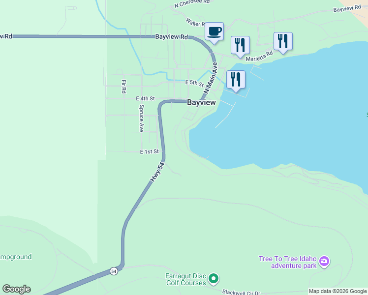 map of restaurants, bars, coffee shops, grocery stores, and more near 17256 East Hudson Bay Road in Bayview