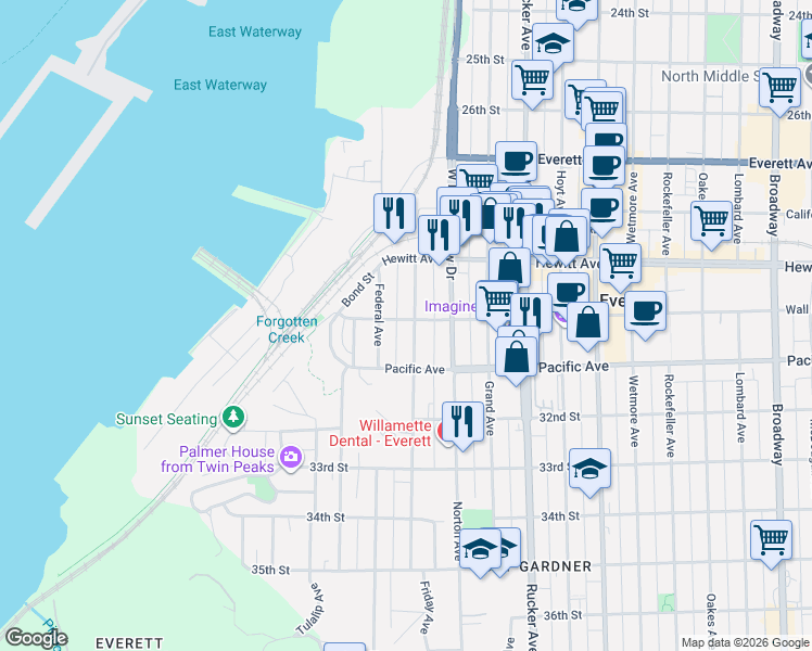 map of restaurants, bars, coffee shops, grocery stores, and more near 3001 Nassau Street in Everett