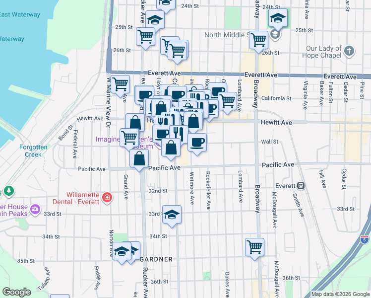 map of restaurants, bars, coffee shops, grocery stores, and more near 3002 Wetmore Avenue in Everett