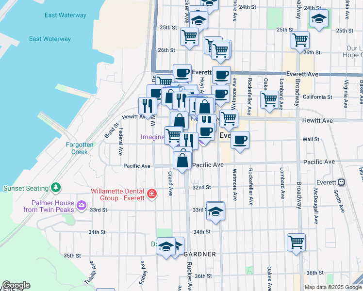 map of restaurants, bars, coffee shops, grocery stores, and more near 3011 Grand Avenue in Everett