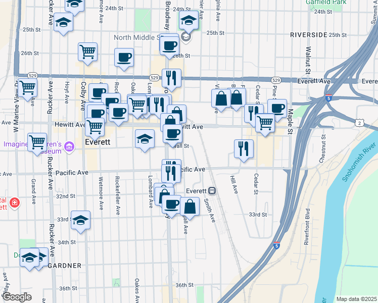 map of restaurants, bars, coffee shops, grocery stores, and more near 3001 Smith Ave in Everett