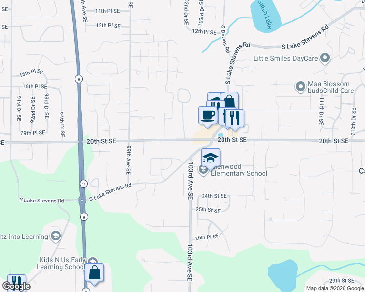 map of restaurants, bars, coffee shops, grocery stores, and more near 10300 20th Street Southeast in Lake Stevens