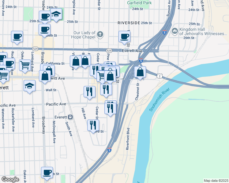 map of restaurants, bars, coffee shops, grocery stores, and more near 2946 Maple St in Everett