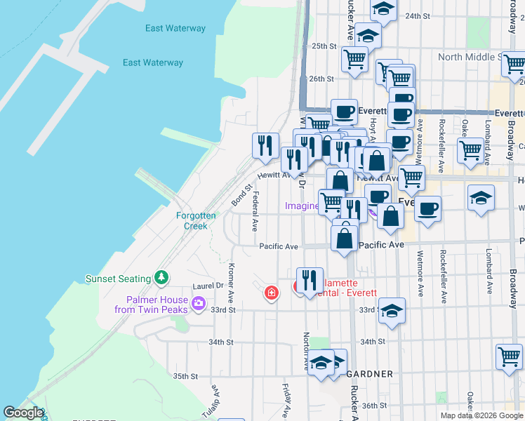 map of restaurants, bars, coffee shops, grocery stores, and more near 3007 Federal Avenue in Everett