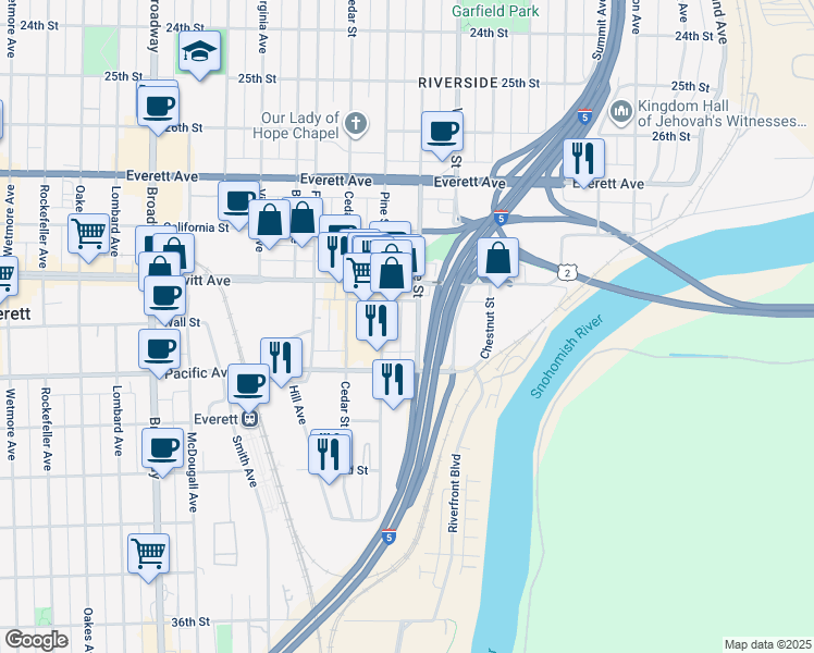 map of restaurants, bars, coffee shops, grocery stores, and more near 2930 Maple Street in Everett