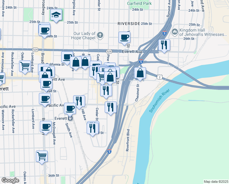 map of restaurants, bars, coffee shops, grocery stores, and more near 2930 Maple Street in Everett