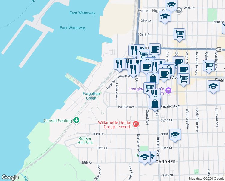 map of restaurants, bars, coffee shops, grocery stores, and more near 3006 Gedney Street in Everett