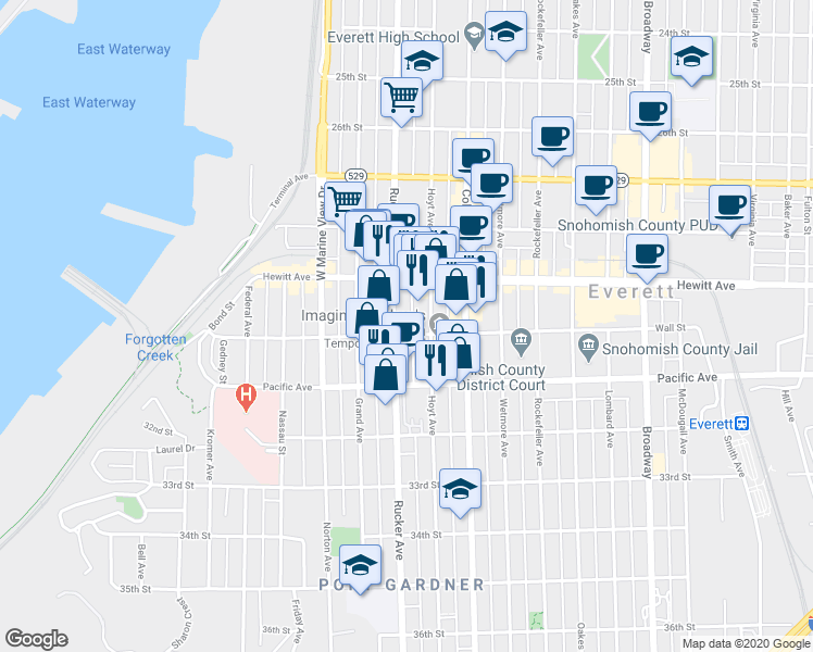 map of restaurants, bars, coffee shops, grocery stores, and more near 3001 Rucker Avenue in Everett