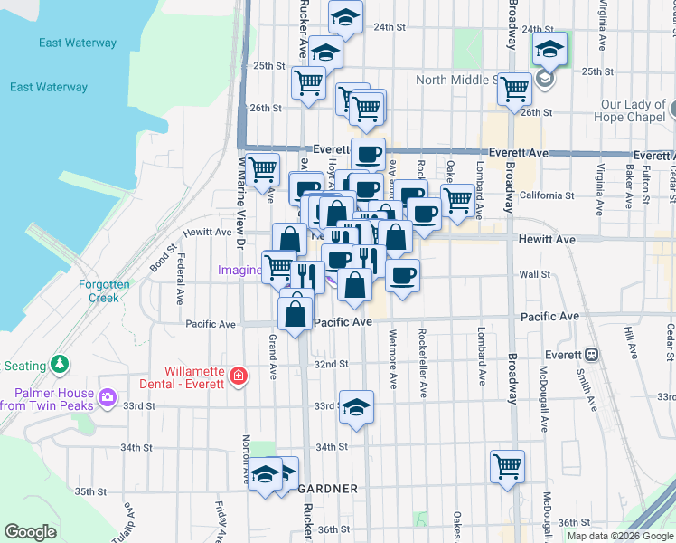 map of restaurants, bars, coffee shops, grocery stores, and more near 2929 Hoyt Avenue in Everett