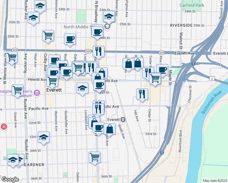 map of restaurants, bars, coffee shops, grocery stores, and more near 3001 Smith Avenue in Everett