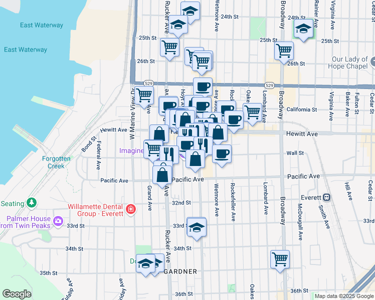 map of restaurants, bars, coffee shops, grocery stores, and more near 1502 Wall Street in Everett