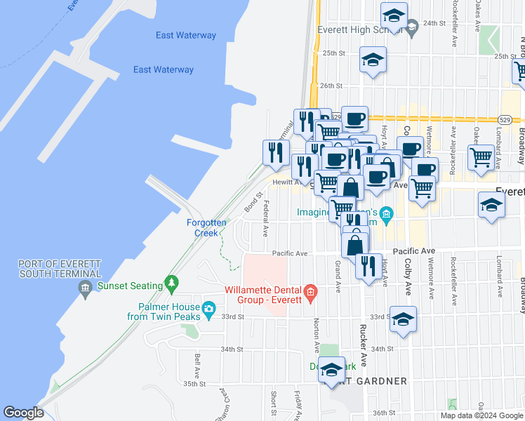 map of restaurants, bars, coffee shops, grocery stores, and more near 3007 Federal Avenue in Everett