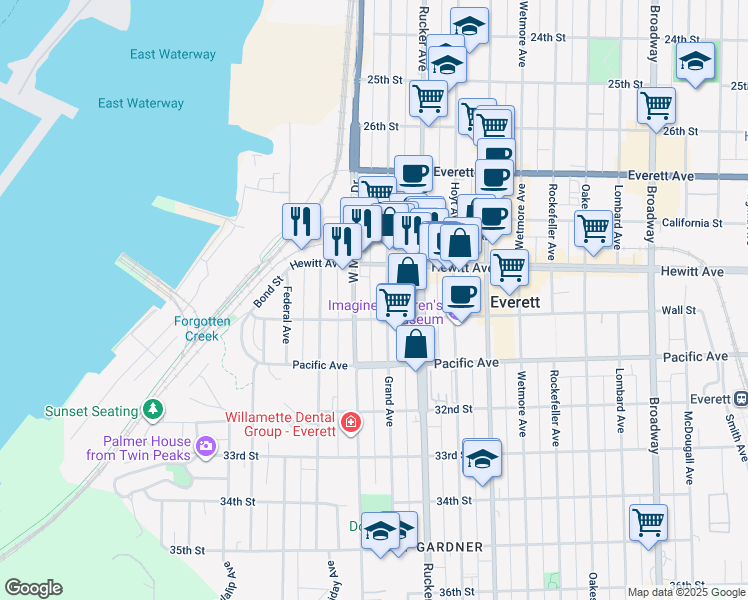 map of restaurants, bars, coffee shops, grocery stores, and more near 1202 Hewitt Avenue in Everett