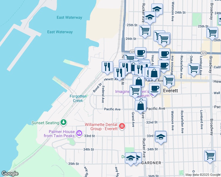 map of restaurants, bars, coffee shops, grocery stores, and more near 2924 Nassau Street in Everett