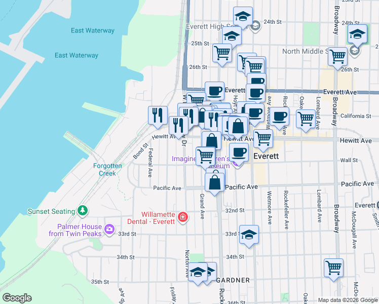 map of restaurants, bars, coffee shops, grocery stores, and more near 1202 Hewitt Avenue in Everett