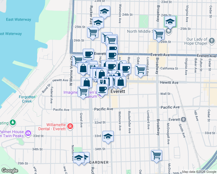 map of restaurants, bars, coffee shops, grocery stores, and more near 1510 Hewitt Avenue in Everett