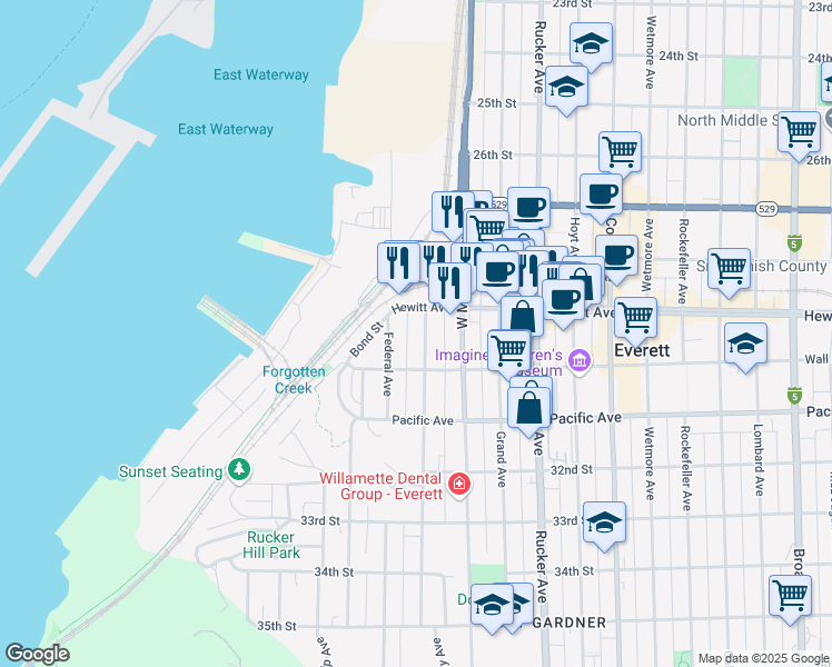 map of restaurants, bars, coffee shops, grocery stores, and more near 1106 Hewitt Avenue in Everett